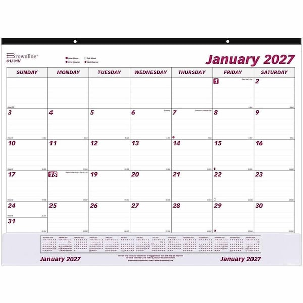 Brownline Monthly Desk Pad Calendar, 22 x 17, White/Burgundy Sheets, 12-Month (Jan to Dec): 2025 C1731V - main
