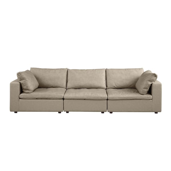 Homeroots 122" Beige Top Grain Leather Reclining Solid Wood Sofa 720406 - main