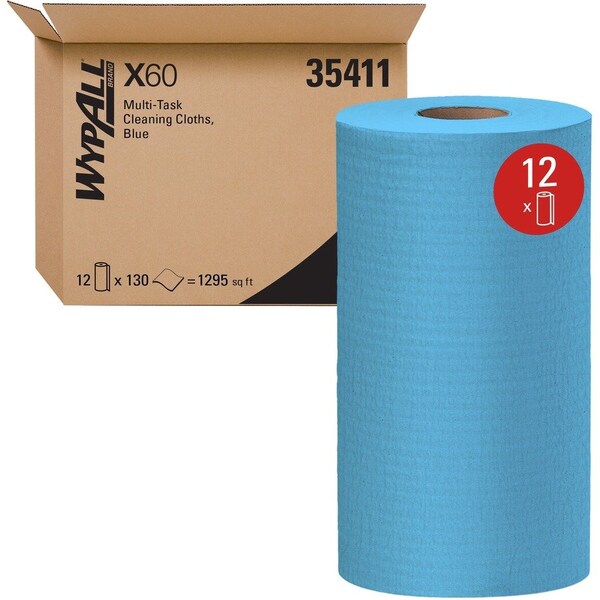 Wypall WypAll General Clean X60 Multi-Task Cleaning Cloths (35411), Small Roll, Blue, 130 Sheets/Roll, PK12 35411 - main