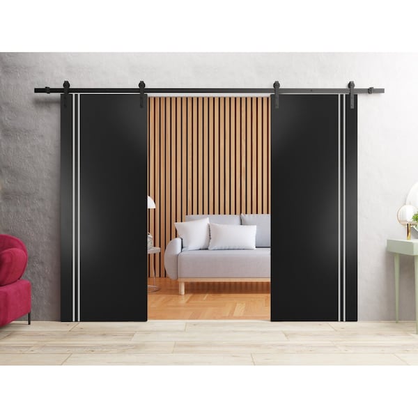 Sartodoors Sturdy Double Barn Door with Hardware, Planum 0310 Black Matte and Aluminum Strips, 13FT Rail Hange PLANUM0310DB-BLK-48 - main