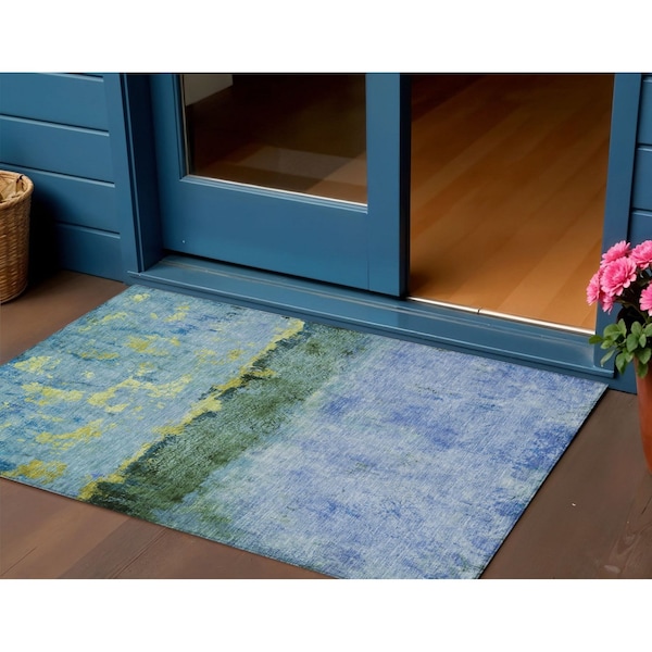 Homeroots 3' X 5' Blue And Lime Green Abstract Washable Indoor Outdoor Area Rug 618601 - main