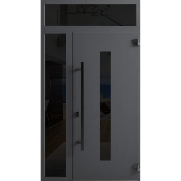 Vdomdoors Front Exterior Prehung Steel Door Ronex0130 Grey Sidelight and Transom Window Sidelite Entry Metal RONEX0130EXD-GRE-W36+14 X H80+16-LH-I - main