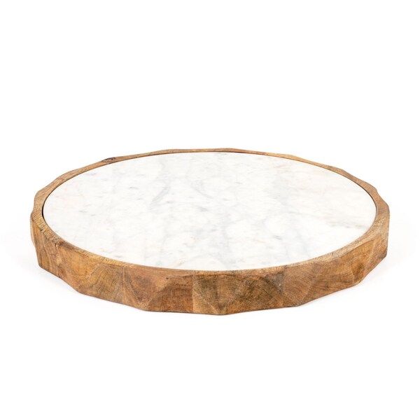 Homeroots 15" Brown And White Marble And Solid Wood Round Cheese Board 574112 - main