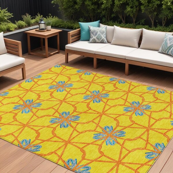Homeroots 10' X 14' Yellow And Teal Blue Geometric Washable Indoor Outdoor Area Rug 613457 - main