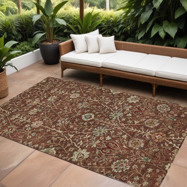 Homeroots 9' X 12' Brown Tan And Red Floral Washable Indoor Outdoor Area Rug 603435 - main