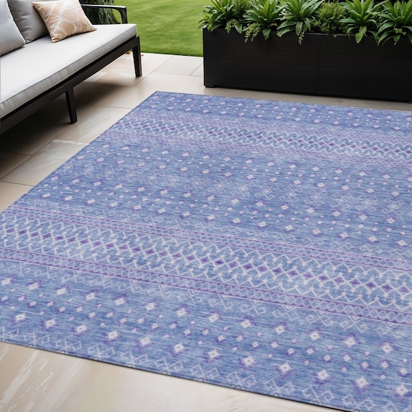 Homeroots 5' X 8' Sky Blue Purple And Ivory Tribal Washable Indoor Outdoor Area Rug 582633 - main