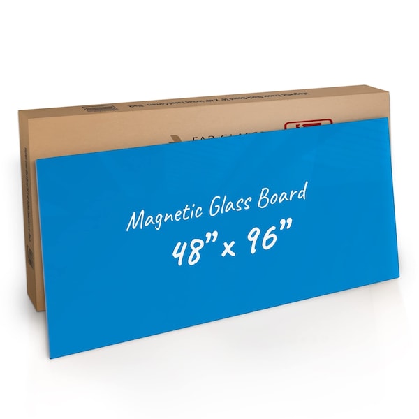 Fab Glass And Mirror Magnetic Glass Dry Erase Board for Wall, 48in x96in Eased Corners, Blue Surface Frameless Glass Bo GBZ48x96-SB606 - main