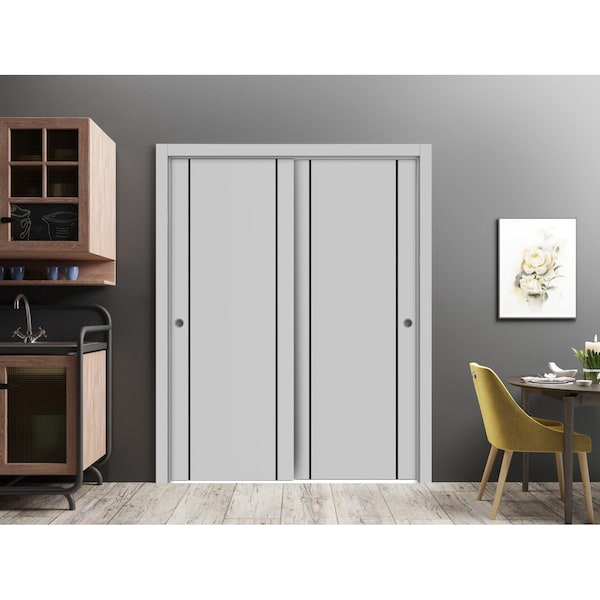Sartodoors Sliding Closet Bypass Doors, Planum 0017 Matte Grey and Aluminum Strips, Sturdy Rails Moldings Trim PLANUM0017DBD-GRE-84 - main