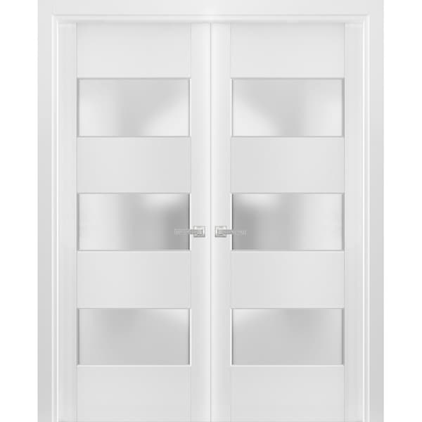 Sartodoors Solid French Double Doors Frosted Glass 3 Lites, Lucia 4070 White Silk, Wood Solid Panel Frame Trim LUCIA4070DD-WS-3684 - main