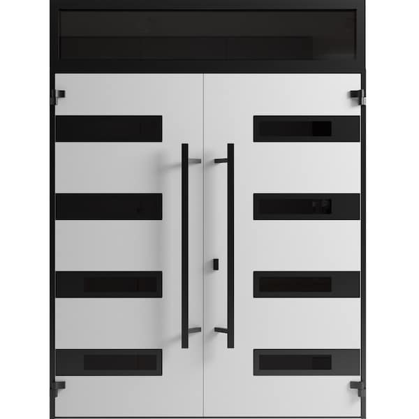 Vdomdoors Front Exterior Prehung Aluminum Double Doors Ronex0131 Grey Top Transom Mirrored Clear Glass Entry RONEX0131DEXD-GRE-W72xH96+16-LH-I - main