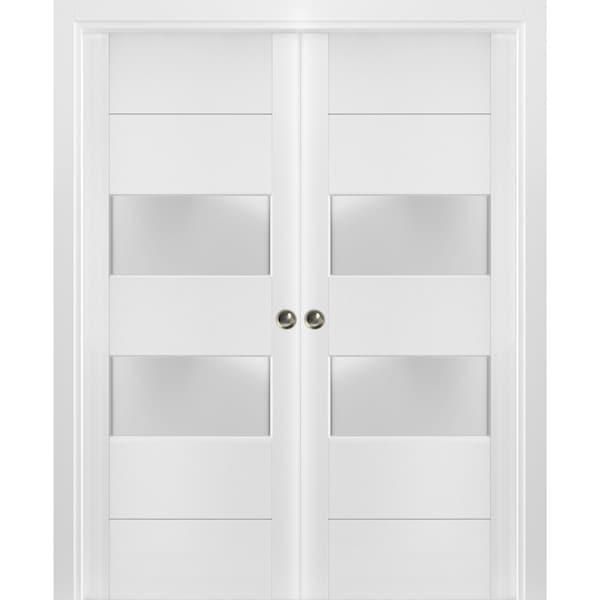 Sartodoors Sliding French Double Pocket Doors 48 x 96 inches Frosted Glass 2 lites, Lucia 4010 White Silk, Kit LUCIA4010DP-WS-4896 - main