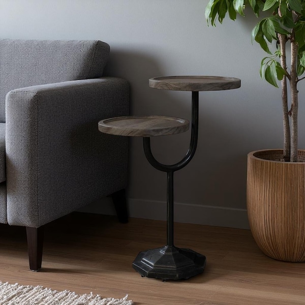 Homeroots 19" Natural and Black Solid Wood and Iron Round Double Tray Top End Table 571199 - main