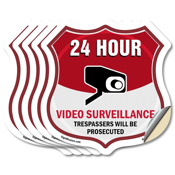 Signmission 24 Hour Surveillance Shield Sign Video S, 4 inch X 4 inch, Vinyl Decal, 5PK SHI-D-5PACK-4-348 - main