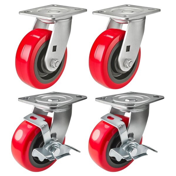 Hyw Products Heavy Duty Caster Set 5in Polyurethane on Plastic Wheels, 2 Swivel & 2 Swivel with Brake, 4PK 40-50S-A1-PU-2,40-50S-A1-PU-TB-2 - main
