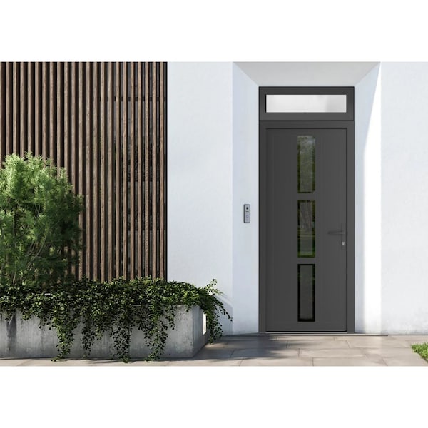 Vdomdoors Front Exterior Prehung Metal-Plastic Door, Manux 8112 Antracite Grey, Top Sidelite Transom, Office MANUX8112EXD-ANT-W36xH80+14-LH - main