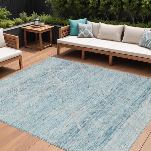 Homeroots 8' X 10' Teal Blue And Ivory Trellis Washable Indoor Outdoor Area Rug 616499 - main