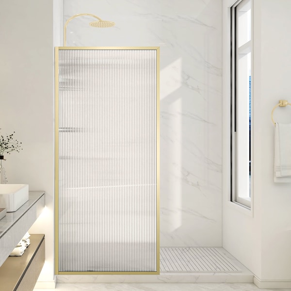 Anzzi Welle 74x34in Framed Fixed Shower Screen Door, Brushed Gold with 5/16in 8mm Tempered Fluted Glass SD-AZ22-01BG-FL - main