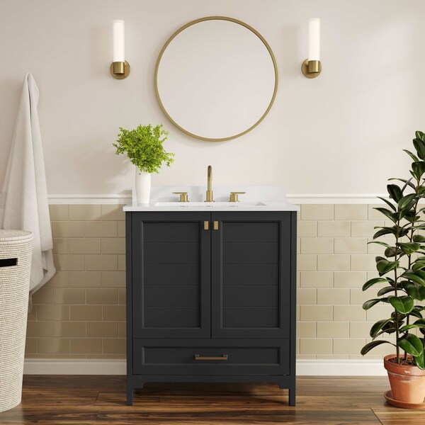 Flash Furniture Haven 30in. Vanity w/Sink, Storage Cabinet w/Gold Hardware, Bottom Drawer, Marble Countertop, Blk FS-BN-4-30-KD-BK-HDGLD-GG - main