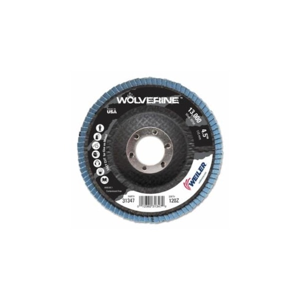 Weiler Vortec Pro Abrasive Flap Disc, Zirconium, 4-1/2 in dia, 120 Grit, 7/8 Arbor, 13000 RPM 804-31347 - main