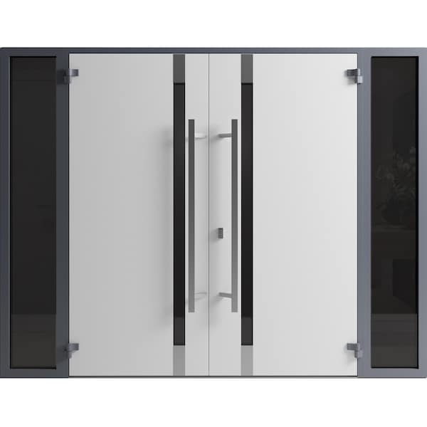 Vdomdoors Front Exterior Prehung Aluminum Double Doors Ronex1011 Grey 2 Sidelights Mirrored Clear Glass Entry RONEX1011DEXD-GRE-W14+72+14xH80-LH-I - main