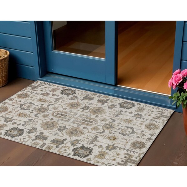 Homeroots 3' X 5' Ivory Beige And Taupe Oriental Washable Indoor Outdoor Area Rug 582086 - main