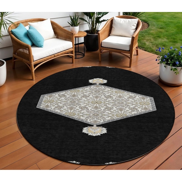 Homeroots 8' Black Gray And Ivory Round Oriental Washable Indoor Outdoor Area Rug 598174 - main