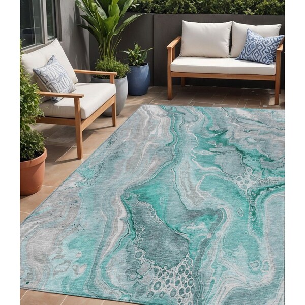 Homeroots 5' X 8' Teal Blue And Ivory Abstract Washable Indoor Outdoor Area Rug 617615 - main
