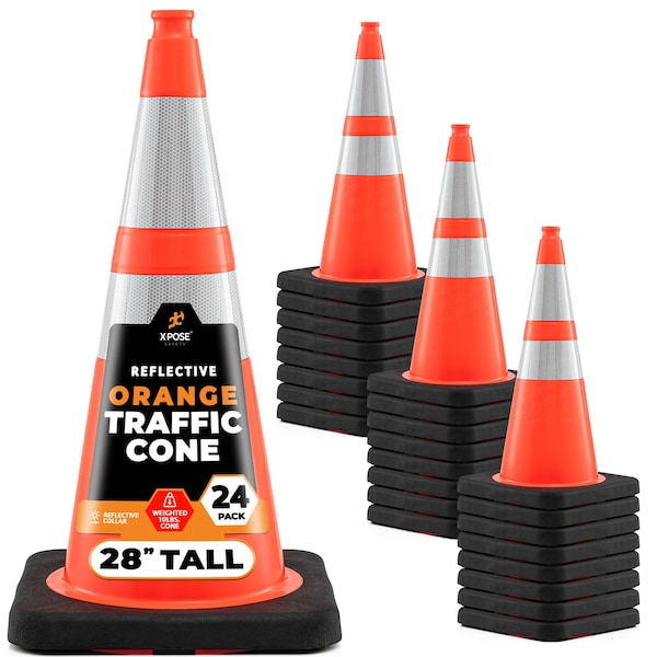 Xpose Safety 28 in Orange Traffic Cone, 10 lb Base with 6 in & 4 in Reflective Collar, PVC, DOT Approved, 24PK OTC28-64-10L-24-X - main
