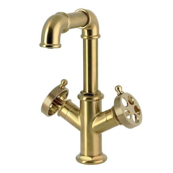 Kingston Brass Two-Handle Single-Hole Bathroom Faucet with Knurled Handle and Push Pop-Up Drain, Brushed Brass LS6303RKZ - main