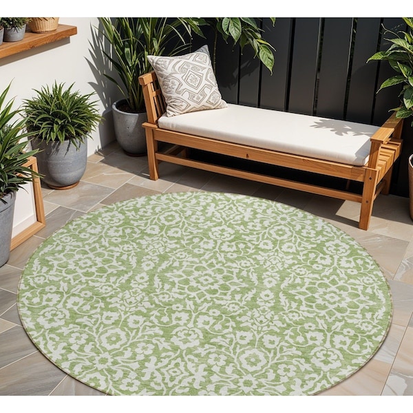 Homeroots 8' Green And Ivory Round Damask Washable Indoor Outdoor Area Rug 595141 - main
