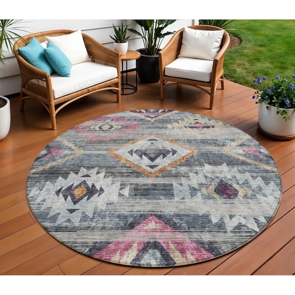 Homeroots 8' Gray Charcoal And Silver Round Southwestern Washable Indoor Outdoor Area Rug 588680 - main