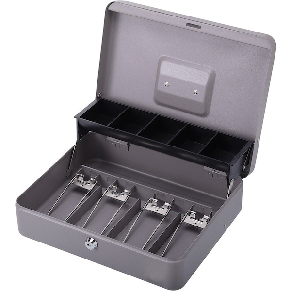 Sparco Steel Cash Box w/5 Compartment Tray Keyed Lock, 11-13/32"W x 7-1/2"H x 3-13/32"H, Gray 15507 - main
