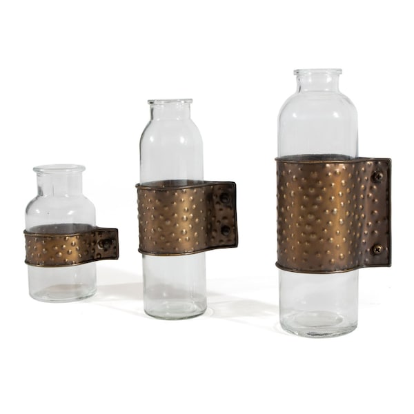 Homeroots Set of Three Clear and Bronze Hammered Cylinder Metal and Glass Table Vase, 3PK 530273 - main