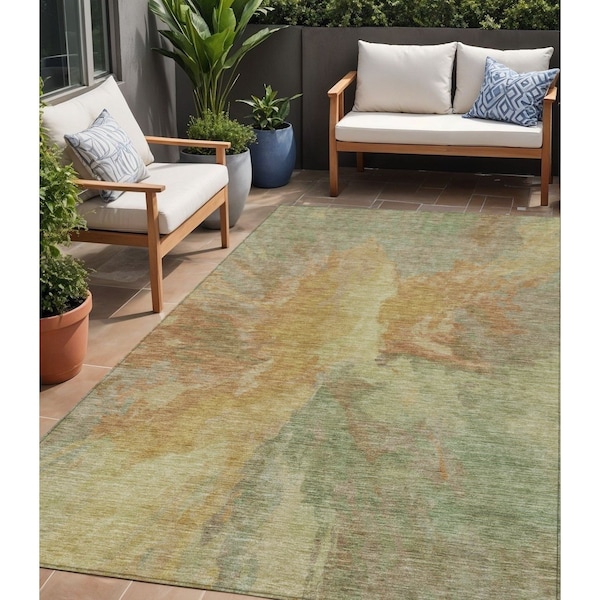 Homeroots 5' X 8' Artichoke Green And Gold Abstract Washable Indoor Outdoor Area Rug 615585 - main