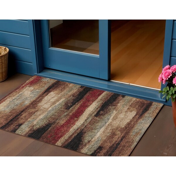 Homeroots 3' X 5' Brown Beige And Burgundy Abstract Washable Indoor Outdoor Area Rug 612527 - main