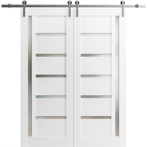 Sartodoors Sturdy Double Barn Door with White 60x80 (2* 30x80) Solid Core Modern Interior QUADRO4088DB-S-WS-60 x 80 (2* 30x80)-Frosted Glass - main