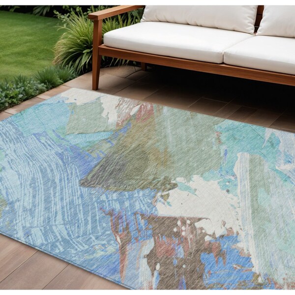 Homeroots 8' X 10' Sky Blue And Teal Blue Abstract Washable Indoor Outdoor Area Rug 611255 - main