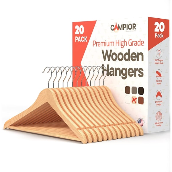 Lifemaster Wooden Clothes Hangers, Durable, Non-Slip, Space-Saving, 360 Deg Swivel Hook, Natural Finish, 20PK CMPWH20NL - main