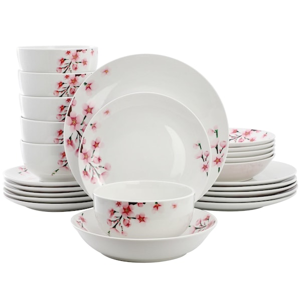 Elama Tamara 24 Piece Cherry Blossom Porcelain Double Bowl Dinnerware Set in White and Pink 750123735M - main