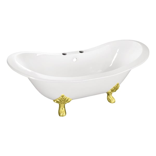 Kingston Brass 61" Cast Iron Oval Double Slipper Clawfoot Tub, 7" Faucet Drillings, White/Polished Brass VCT7DS6130NC2 - main
