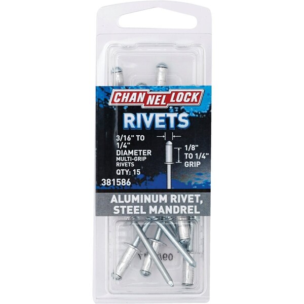 Channellock 3/16'' to 1/4''Dia.x0.063'' to 0.250'' Grip Aluminum Multigrip POP Rivet, 15PK 381586 - main