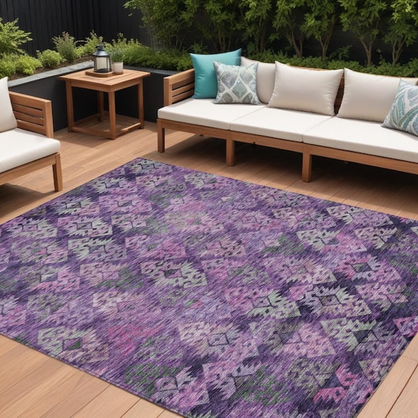 Homeroots 9' X 12' Eggplant Plum And Lavender Aztec Washable Indoor Outdoor Area Rug 615780 - main