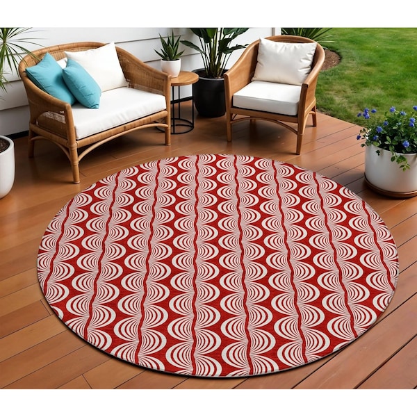 Homeroots 8' Red And Ivory Round Ogee Washable Indoor Outdoor Area Rug 601604 - main