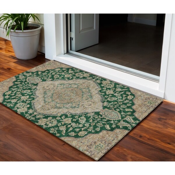 Homeroots 3' X 5' Emerald Beige And Brown Oriental Washable Indoor Outdoor Area Rug 605241 - main