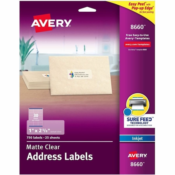 Avery Avery Easy Peel Inkjet Mailing Labels, 1 x 2-5/8, Clear, 750/Pack 8660 - main