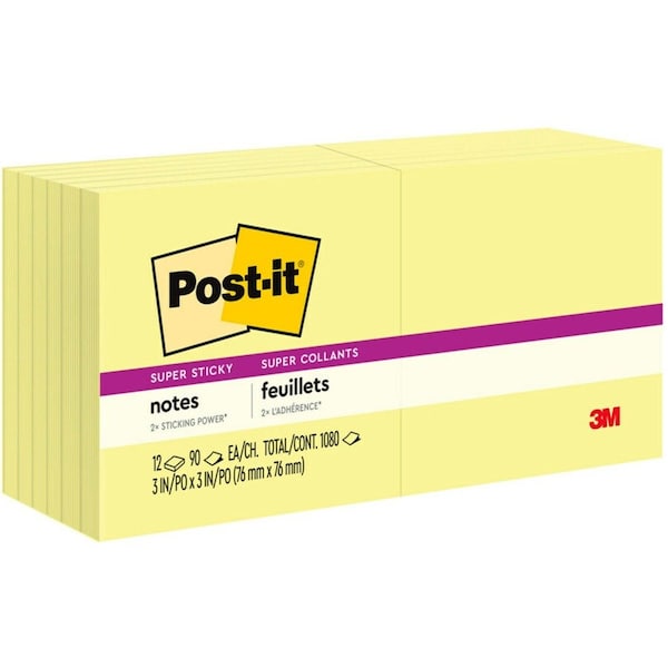 Post-It Super Sticky Notes, 3x3 In., Yellow, PK12 654-12SSCY - main