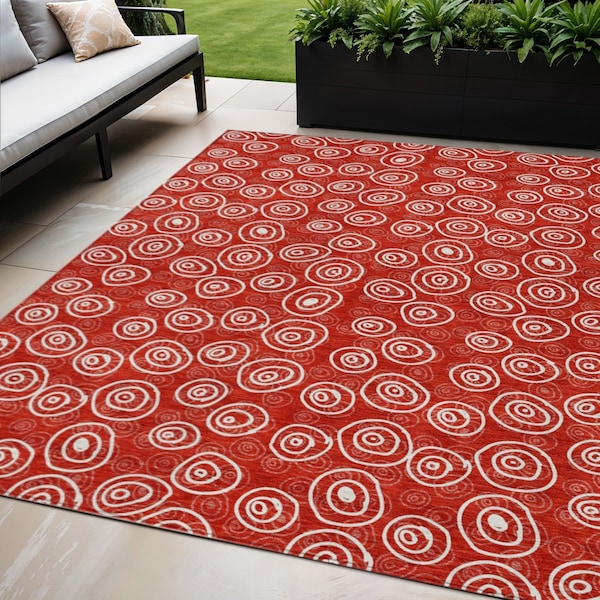 Homeroots 5' X 8' Red And Ivory Geometric Washable Indoor Outdoor Area Rug 583385 - main