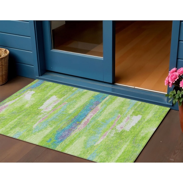 Homeroots 3' X 5' Lime Green And Sky Blue Abstract Washable Indoor Outdoor Area Rug 612515 - main