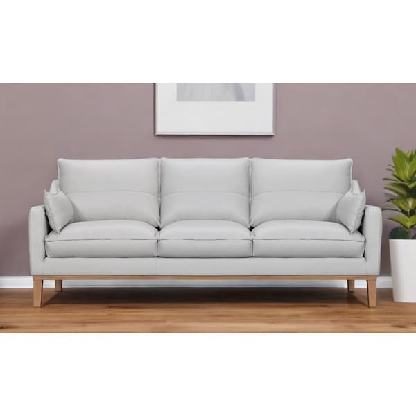 Homeroots 87" Gray Leather Sofa And Toss Pillows With Brown Legs 546408 - main