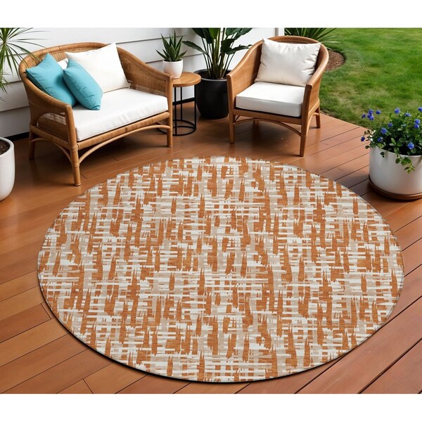 Homeroots 8' Terra Cotta Tan And Ivory Round Abstract Washable Indoor Outdoor Area Rug 602535 - main